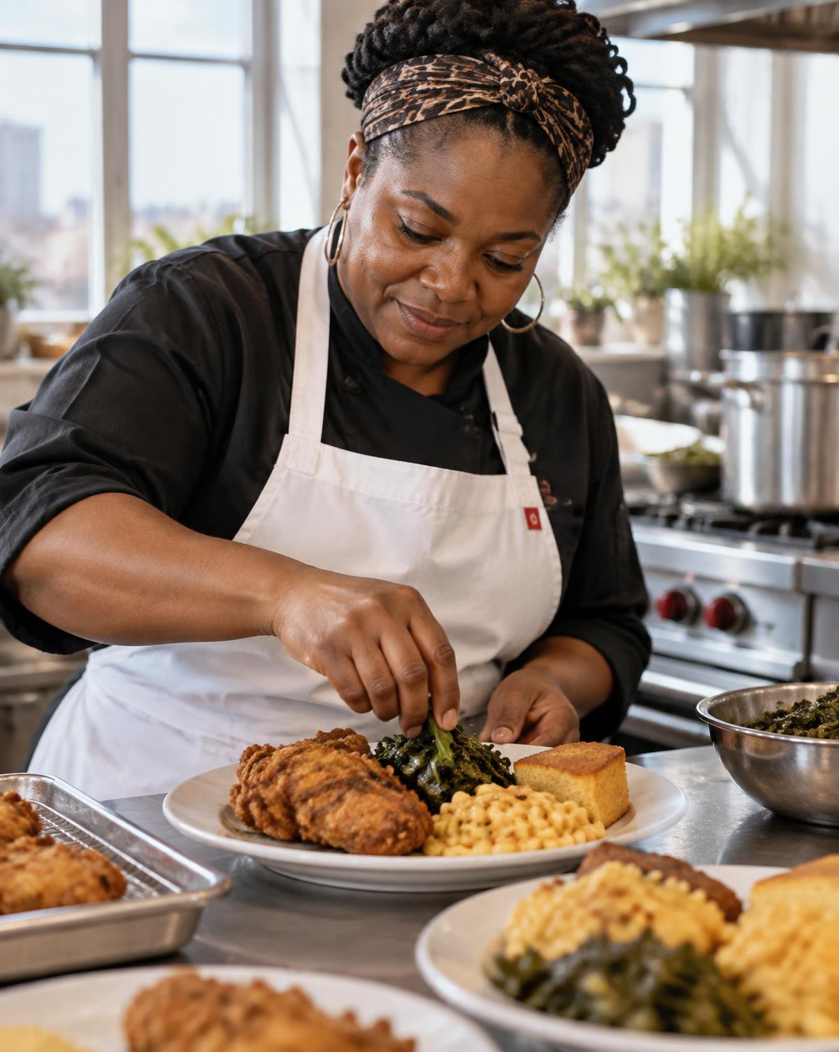 Ms. Annie's chef plating Southern dishes in the kitchen